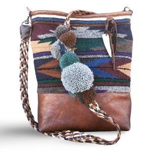 Leather Aztec Bag in Distressed Cowhide w/ Pom Pom Strap - Handwoven Tapestry